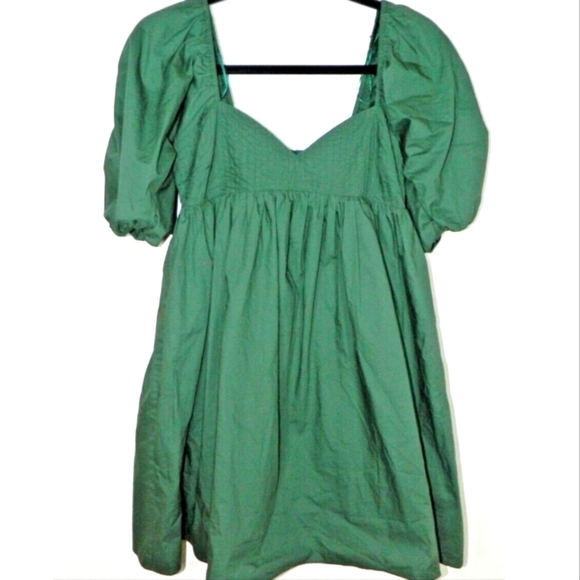 HYACINTH HOUSE Sasha Babydoll Mini Dress Emerald Puff Sleeves Square Neck Sz LG - Picture 8 of 14